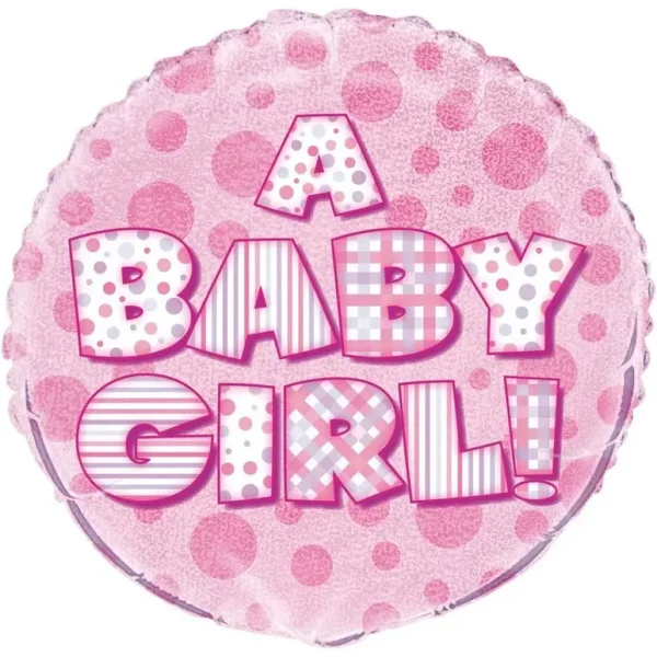 UNIQUE PARTY SHOWER BABY GIRL HOLOGRAPHIC ROUND FOIL BALLOON 18 INCH - PINK