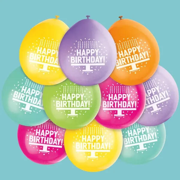 UNIQUE PARTY HAPPY BIRTHDAY LATEX BALLOONS 9 PACK OF 10 - MULTICOLOUR