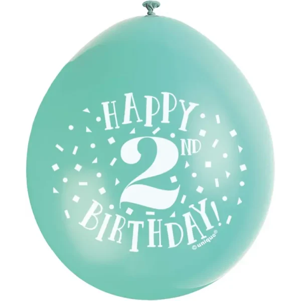 UNIQUE PARTY HAPPY 2ND BIRTHDAY LATEX BALLOONS 9 PACK OF 10 - MULTICOLOUR