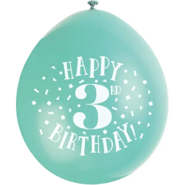 UNIQUE PARTY HAPPY 3RD BIRTHDAY LATEX BALLOONS 9 PACK OF 10 - MULTICOLOUR