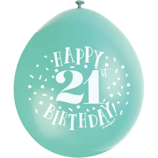 UNIQUE PARTY HAPPY 21ST BIRTHDAY LATEX BALLOONS 9 PACK OF 10 - MULTICOLOUR