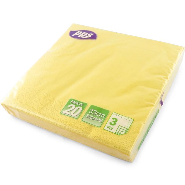 PPS NAPKINS 3 PLY 33CM X 33CM PACK OF 20 - LIGHT YELLOW