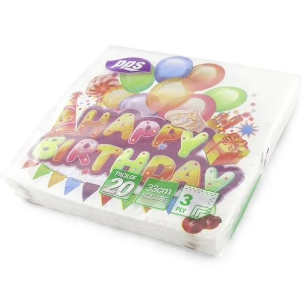 PPS NAPKINS 3 PLY 33CM X 33CM PACK OF 20 - HAPPY BIRTHDAY