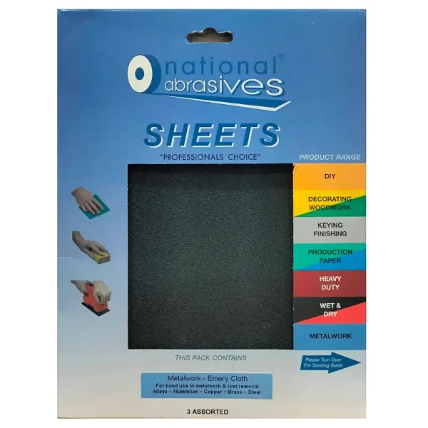 NATIONAL ABRASIVES METAL WORK ASSORTED EMERY CLOTH PACK OF 3