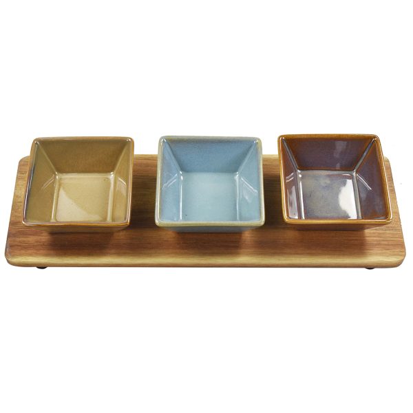 ELEMENTS WOODEN SERVING PLATTER WITH SQUARE CERAMIC DISHES ? 4 PIECE SET