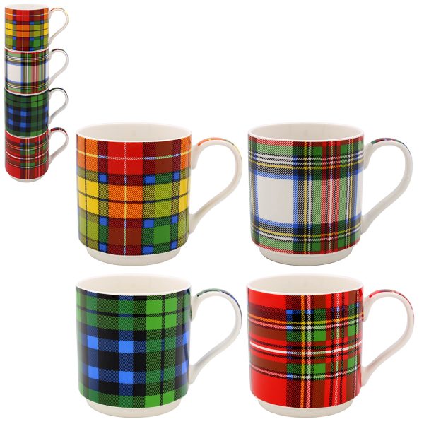 TARTAN ASSORTED COLOUR STACKING MUGS