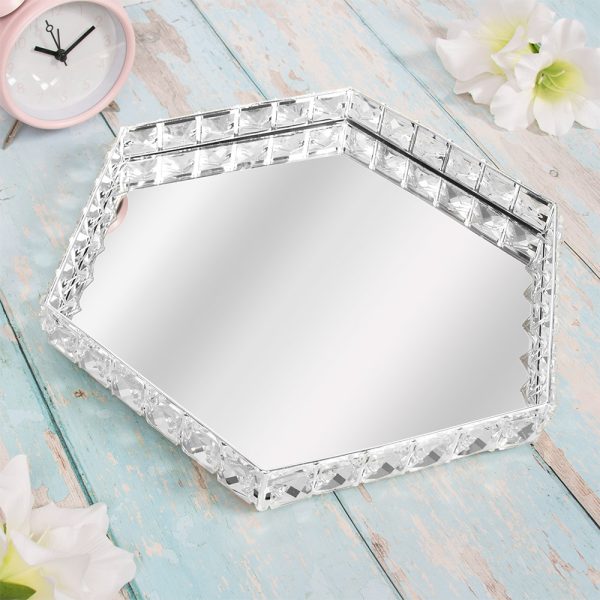 DECORATIVE HEXAGON MIRROR TRAY SILVER 33CM