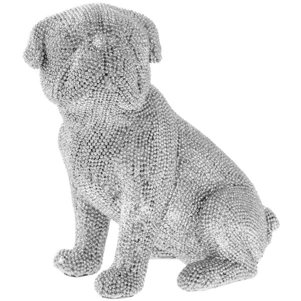 SILVER ART SPARKLY GLITZY SITTING PUG DOG ORNAMENT