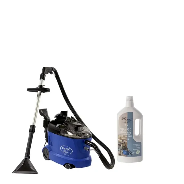 BLUE HAGERTY CARPET CLEANING MACHINE WITH 12 CARTONS OF 5 STAR CARPET SHAMPOO CLASSIC 1 L