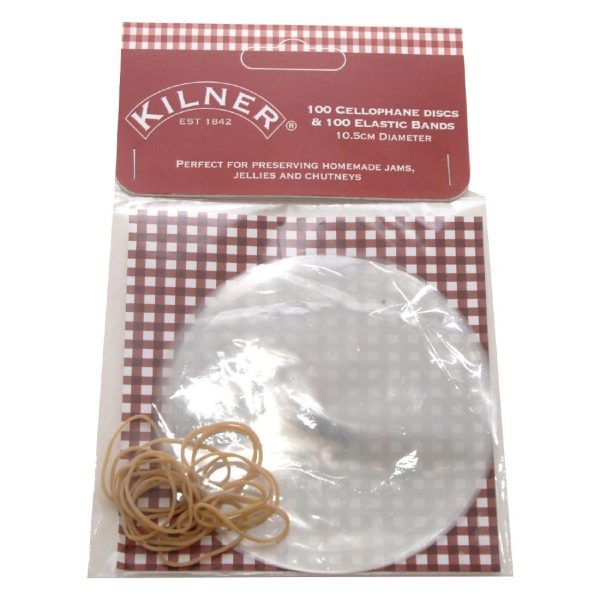 KILNER 100 CELLOPHANE DISCS WITH ELASTIC BANDS 10.5 CM 4INCH DIAM