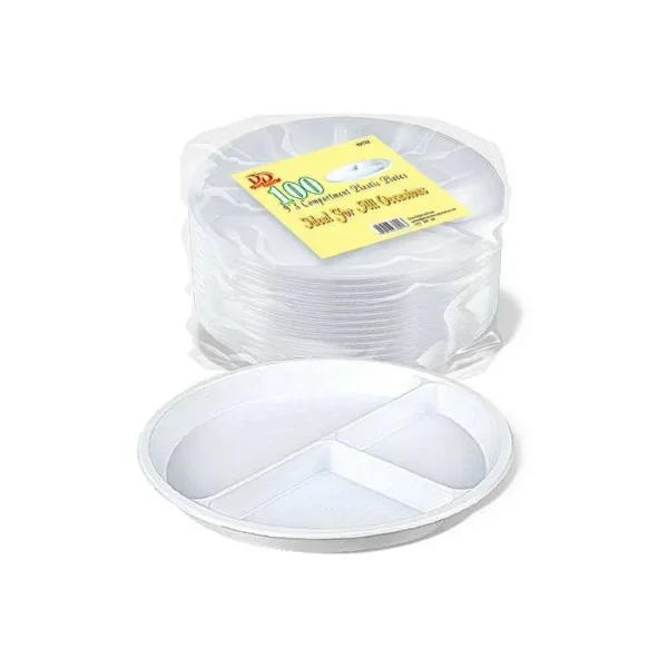 100 DISPSOABLE ROUND PLASTIC 3 COMPARTMENT PLATES 9 INCH