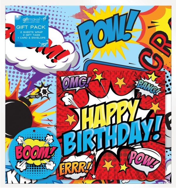 HAPPY BIRTHDAY COMICS GIFT WRAP 2 SHEETS & TAGS WITH GREETINGS CARD