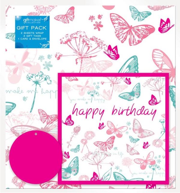 HAPPY BIRTHDAY BUTTERFLY GIFT WRAP 2 SHEETS & TAGS WITH GREETINGS CARD