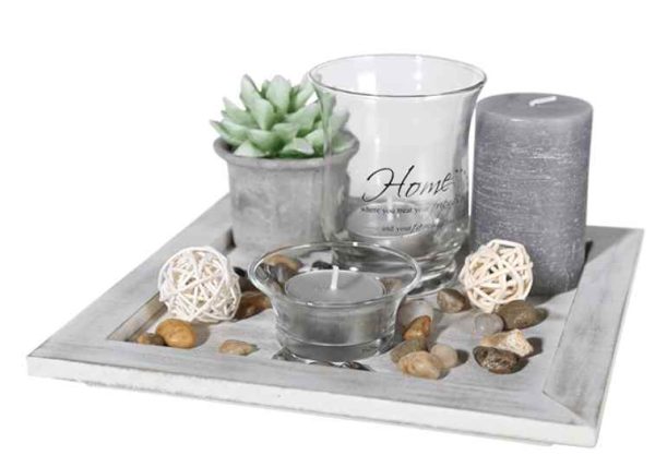 WOODEN PLATE WITH 2 TEALIGHT HOLDER 2 CANDLE & DECO STONE