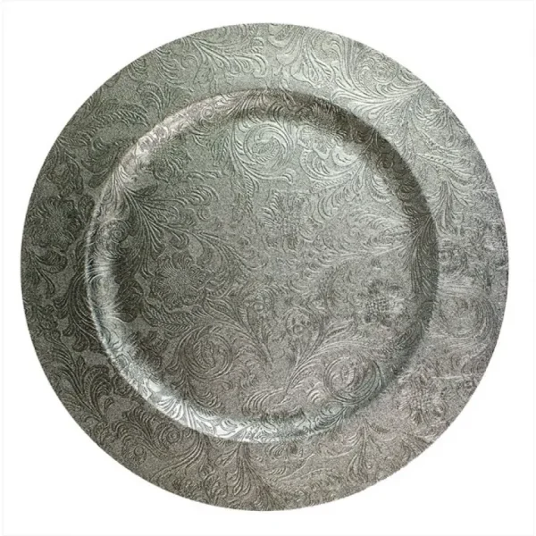 HARVEY & MASON EMBOSSED SILVER FLORAL DESIGN CHARGER PLATES 33CM