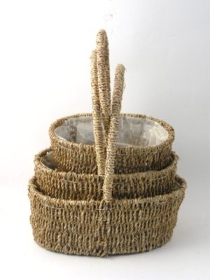 NATURAL SEAGRASS WOVEN STORAGE HAMPER OVAL BASKET - Pack Of 3