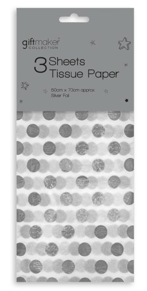 SILVER FOIL POLKA DOT TISSUE PAPER 50CM X 70CM 3 SHEETS