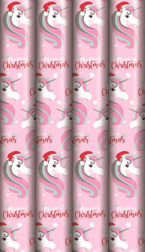 UNICORN MERRY CHRISTMAS METALLLIC PARTY GIFT WRAP 3M