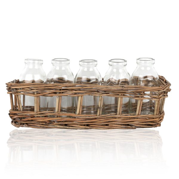 5 PCS GLASS WICKER BOTTLES APX 10 CM IN WICKER BASKET