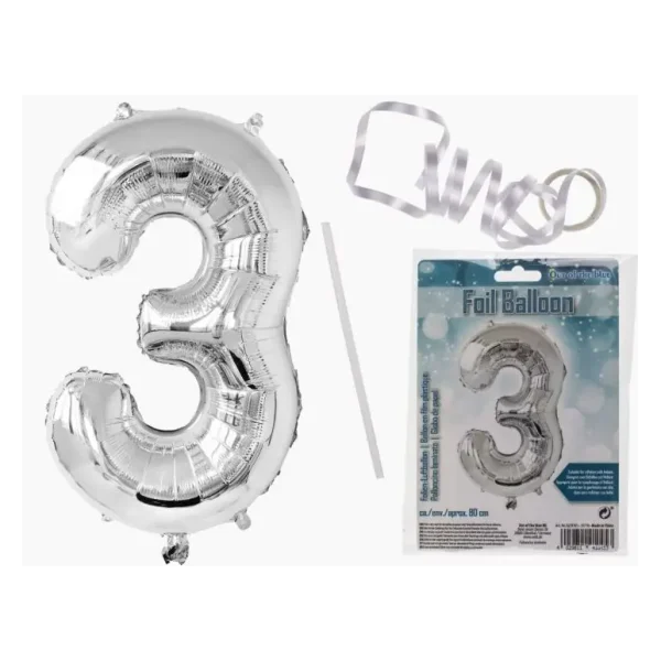 SILVER FOIL BALLOON NUMBER 3 86CM FILL WITH AIR OR HELIUM