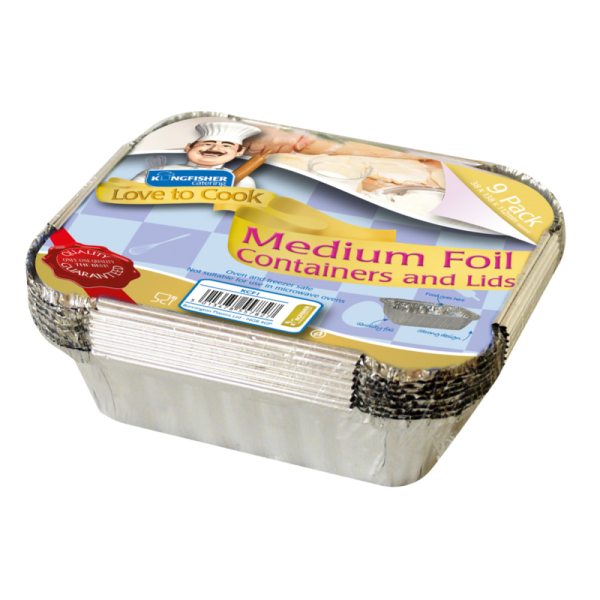 KINGFISHER FOIL FOOD CONTAINER AND LID SILVER MEDIUM PACK OF 9