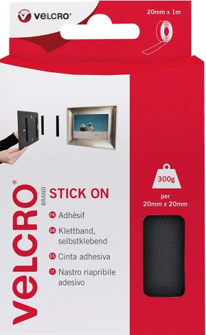 VELCRO BLACK STICK ON TAPE 20MM X 1M