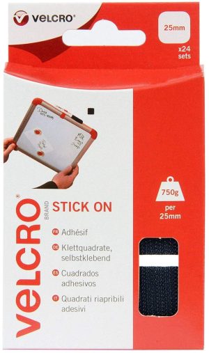 VELCRO BLACK STICK ON SQUARES 25MM Pack of 24
