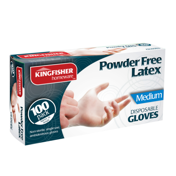 100 KINGFISHER DISPOSABLE POWDER FREE LATEX GLOVES - MEDIUM