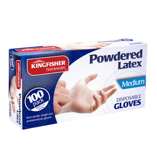 100 KINGFISHER DISPOSABLE POWDERED LATEX GLOVES - MEDIUM