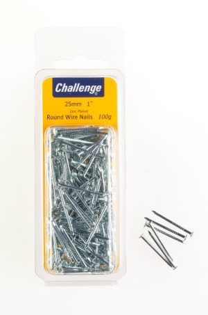 CHALLENGE ROUND WIRE NAILS ZINC PLATED 25MM 100G