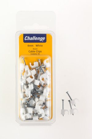 CHALLENGE WHITE ROUND CABLE CLIPS 4MM PACK OF 50