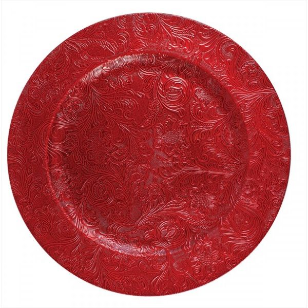 HARVEY & MASON EMBOSSED RED FLORAL DESIGN CHARGER PLATES 33CM