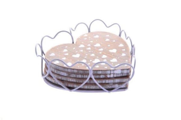 SHABBY CHIC WOODEN HEART COASTER Pack Of 4 WITH HOLDER