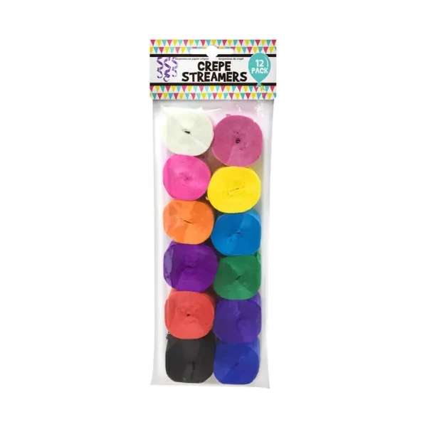 MULTICOLOUR CREPE PARTY STREAMERS PACK OF 12