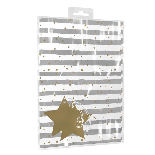 GIFTMAKER WHITE SILVER STRIP / STAR GIFT WRAP SHEETS WITH GIFT TAGS