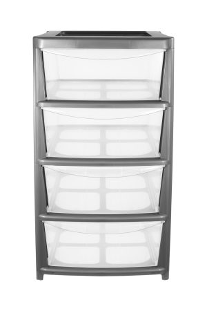 PLASTIC LARGE 4 DRAWER MOBILE TOWER STORAGE UNIT - SILVER