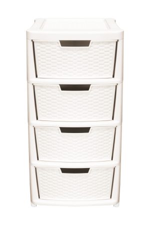 RATTAN PLASTIC LARGE 4 DRAWER MOBILE TOWER STORAGE UNIT - CREME