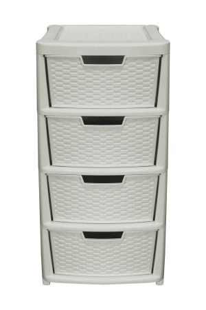 RATTAN PLASTIC LARGE 4 DRAWER MOBILE TOWER STORAGE UNIT - MUSHROOM