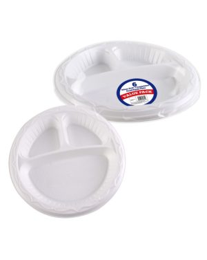 DISPOSABLE 3 COMPARTMENT ROUND PLASTIC PLATES 10.25" 6/PK