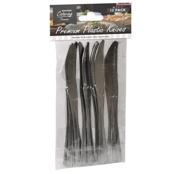 PREMIUM SILVER COLOURED PLASTIC KNIVES PACK 12