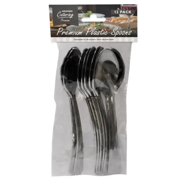 PREMIUM SILVER COLOURED PLASTIC SPOONS PACK OF 12