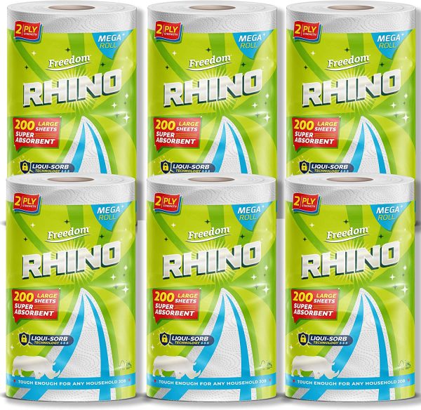 FREEDOM RHINO MEGA 2 PLY KITCHEN TOWEL 200 SHEETS 6 ROLLS