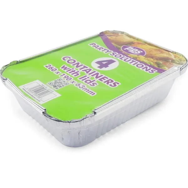 PPS FOIL CONTAINERS WITH LIDS 260 X 190 X 63MM PACK OF 4