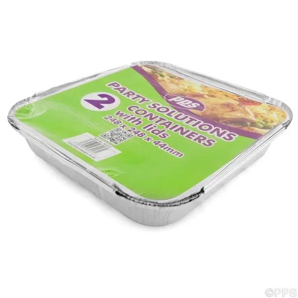 PPS SQUARE FOIL CONTAINERS WITH LIDS 248MM X 248MM X 44MM PACK OF 2