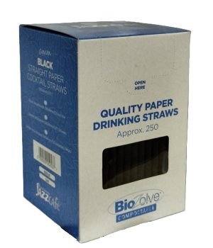 BIOZOLVE BIODEGRADABLE PAPER COCKTAIL STRAW 140MM X 6MM 250/PK - BLACK