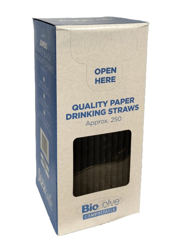 BIOZOLVE BIODEGRADABLE JUMBO PAPER STRAW 200MM X 6MM 250/PK - BLACK