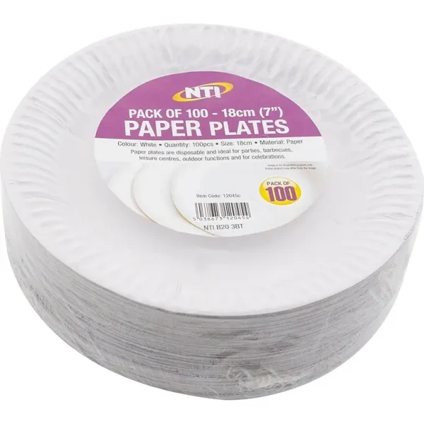 NTI WHITE DISPOSABLE PAPER PLATES 18CM 7 INCH PACK OF 100