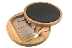 APOLLO RUBBER WOOD CHEESE BOX AND KNIVES SET WITH SLATE PLATE