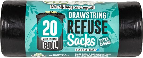 ECO BAG HEAVY DUTY DRAWSTRING REFUSE SACK BIN BAG 80L PACK OF 20