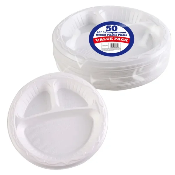 3 COMPARTMENT ROUND PLASTIC PLATES 10" / 25CM PACK OF 50